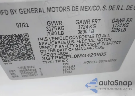2021 GMC Sierra 1500 4Wd Standard Box At4 z USA, uszkodzony, nr VIN 3GTP9EEL0MG429905